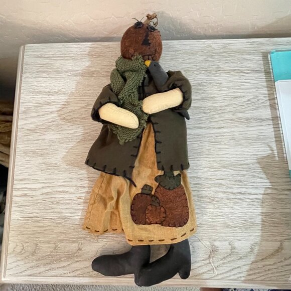 Vintage Fall Decor Stuffed Pumpkin Head Doll Holding Crow Halloween - Picture 5 of 6